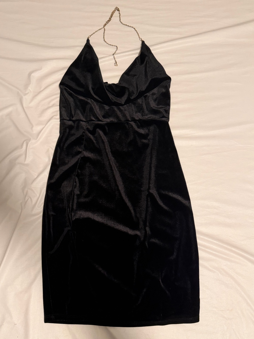 Black Velvet Midi Dress with Gold Chain Halter Detail